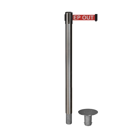 Montour Line Stanchion Belt Barrier Removable Base Sat.Steel Post 11ft.RDang.Belt P400R-SS-DANGERW-110